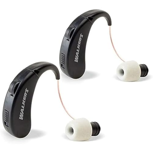 Walker's Ultra Ear BTE Rechargeable Compact Adjustable 22dB Noise Reduction Hunting Outdoor Sound Amplifier Hearing Enhancer | Ear Tips, USB Charging Cable, Cleaning Brush - 2 Pack