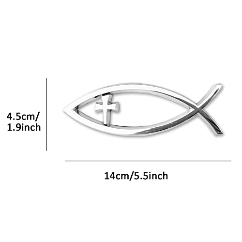Image of Jesus Fish Christian Car Decals - Chrome Sliver Fish Emblem for Car Truck Badge Bumper Stickers (Cross)