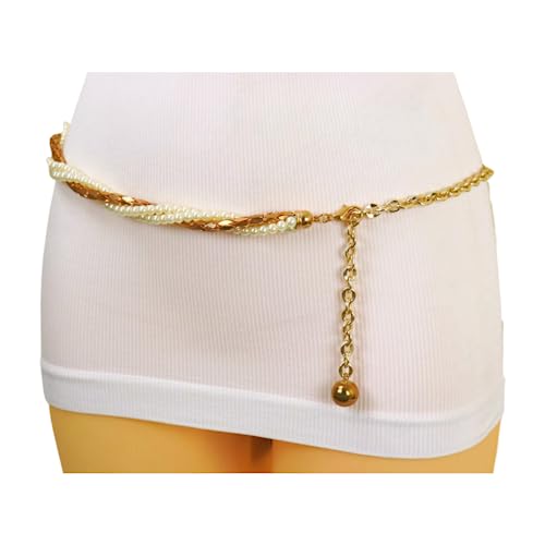 Women Gold Metal Chain Belt - Hip High Waist Fashion Twisted Braided Cream Beads M L3