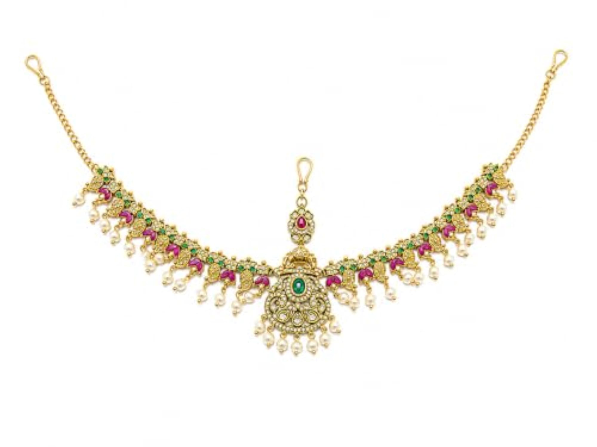 Women's Traditional Gold-Plated Peacock Design Mathapatti with Emerald & Ruby Stones