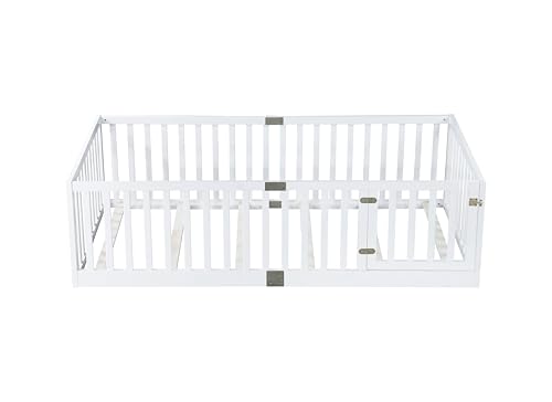 Image of Bellemave Twin Size Kids Montessori Floor Bed Frame with Door and Slats,Solid Wood Floor Bed Frame with Slats and High Fence for Kids,Girls,Boys,White