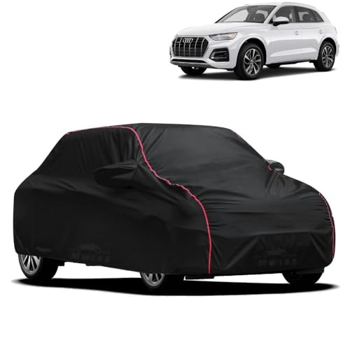 Image of Waterproof Car Cover for Audi Q5 | All-Weather Protection, Dustproof & UV Resistant | Triple Stitched Mirror Pockets, Windproof Buckle Strap with Elastic Hem, Black-Red Piping