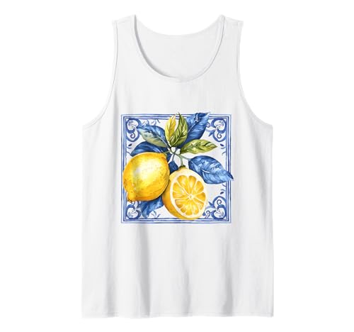 Lemon Blue Tile Mosaic Mediterranean Italian Lemons Tank Top
