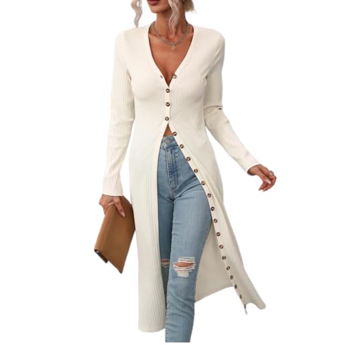 Women Slim Fit Knitted Shirt Dress Flattering Long Sleeve V-Neck Slit Hem Button Maxi Dress Cardigan