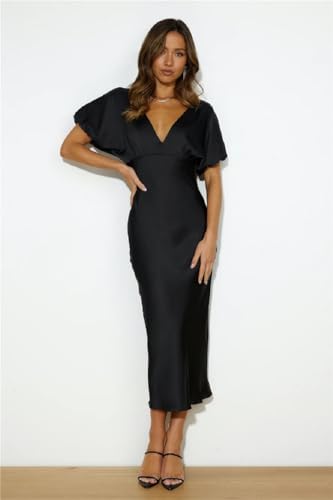 Summer Satin V Neck Puffy Sleeves High Waist Midi Dresses Silk Sexy Tie Back Formal Cocktail Dresses for Women Wedding Guest2