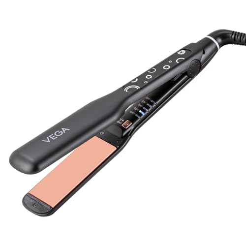 VEGA Pro-Ease Hair Straightener for Women with Wide Ceramic Coated Plates & 5 Adjustable Temperature, Quick Heatup with Auto Shut-Off, Temperature Indicator, All Hair Types, (VHSH-26), Black