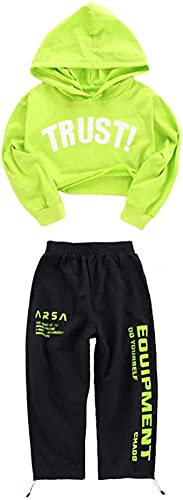 LOLANTA Mädchen Hip Hop Kleidung, Street Dance Outfit, Hoodie, Joggerhose Kinder Trainingsanzug Set, Grün, 13-15 Jahre, 170