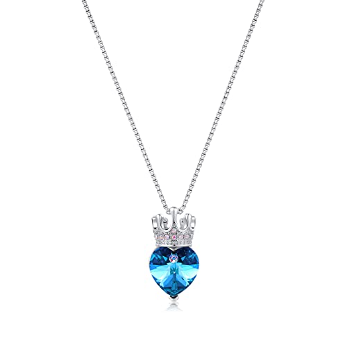 CDE Princess Queen Crown Necklaces for Girls Women Heart Crystal Pendant Necklace Christmas Valentineâ€™s Day Gifts Birthday Party Jewelry Gift for Daughter Granddaughter Niece Teen Girl (Blue)