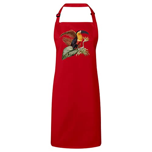 Tablier cuisine premium rouge motif jungle exotique et oiseaux tropicaux chic