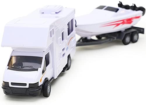 Toyland® Wohnmobilanhänger & Yellow Speedboat Play Toys - Fahrzeugspielzeug im Maßstab 1:48 (Weiß)