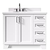 ARIEL 43' Inch White Bathroom Vanity with 1.5' Edge Pure White Quartz Countertop | Left Offset| Oval...