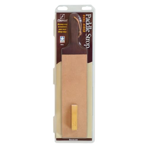 Image of Flexcut Wood Carving Tools | Dual-Sided Paddle Strop | Smooth and Rough Leather Sides | 1oz Bar of Flexcut Gold Polishing Compound Included | PW16 | Made in the U.S.A.