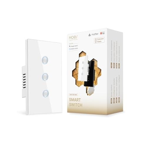 MOES Matter Wi-Fi Smart Light Switches Touch Glass Design, Needs Neutral Wire, Single Pole, 2.4GHz, Remote & Voice Control with Alexa, Google Home & Siri, Supports Timer and Schedule, White