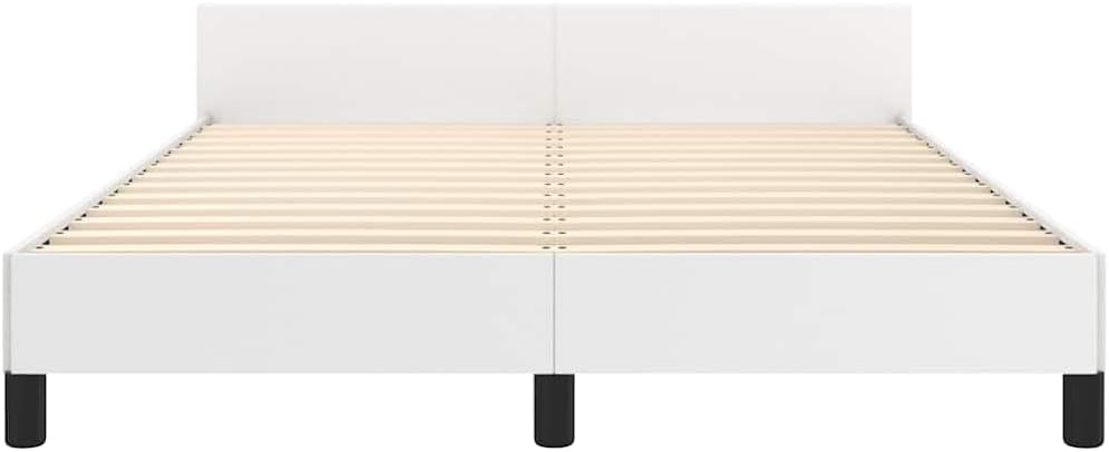 Bed Frame Full White Faux Leather Platform with Headboard, Durable Sturdy Slatted Foundation, No Box Spring Needed, Modern Minimalist Bedroom Furniture for Mattress Support