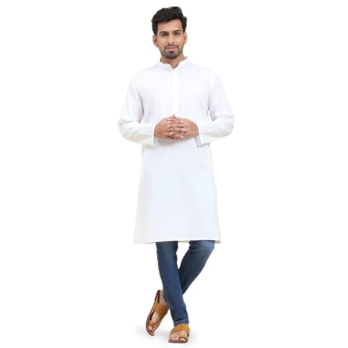 SKAVIJ Mens Cotton Kurta Casual Long Sleeve Henley Shirt Band Collar Kaftan Robe