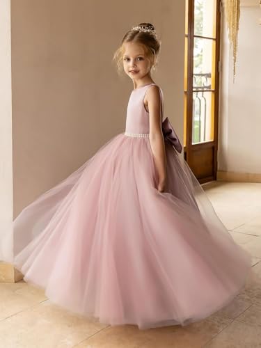 MCieloLuna Flower Girls Satin Tulle Princess Pageant Dress for Wedding Kids Pearls Prom Ball Gowns with Bow-Knot3