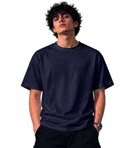 Image of Men's Round Neck Plain Oversize T-Shirt - Casual Loose Fit Cotton Wear |