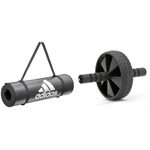【セット買い】adidas(アディダス) トレーニングマット/フィットネス/ヨガ 10mm 厚め 幅広 耐久性 滑り止め キャリーストラップ付き ADMT-12235BK ブラック + 腹筋ローラー アブホイール 腹筋トレーニング ADAC-11404