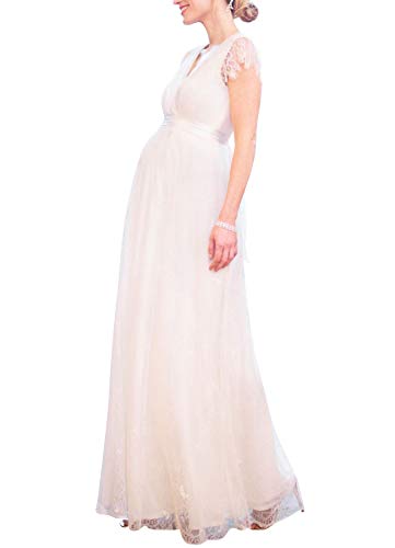 FEOYA - Vestido de embarazo de fotografía blanca para mujer, maternidad de encaje largo, vestido de fiesta, boda, ceremonia, cumpleaños, representaciones fotográficas blanco Etiqueta Medium