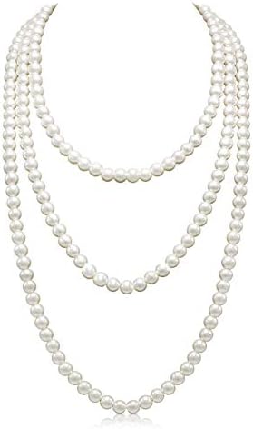 Long Pearl Necklaces for Women Cream White Faux Pearl Strand Layered Necklace Costume Jewelry