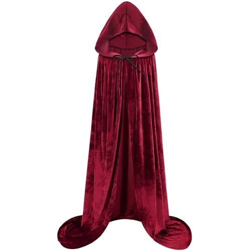 Image of Sarfel Hooded Cloak Velvet Cape with Hood Halloween Capes Women Witch Costume Vampire Cloak Wizard Robe Men Cosplay Costume, Wine Red, X-Large