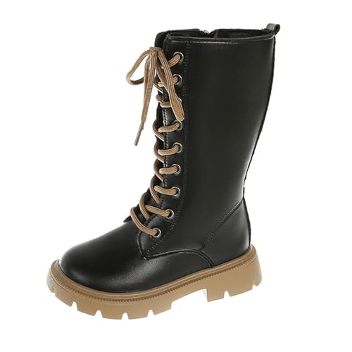 Fashion Lace up Boots for Girls:Lace Up Detail Faux Leather Combat Booties Outdoor Hiking Winter Warm Footwear Party Dress（Size2,Black
