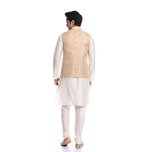 Image of Uri and MacKenzie Men's Silk Blend Regular Kurta Churidar Pyjama with Bundi Nehru Jacket /Waistcoat