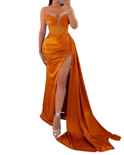 V-Neck Strapless Mermaid Prom Dresses 2024 Tulle Sequin Beaded Satin Pleated Tight Side Slit Formal Evening Party Gowns