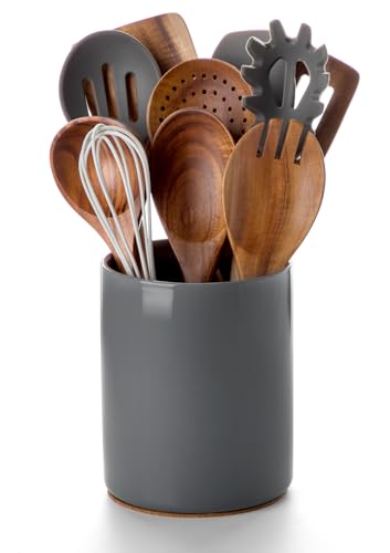 Nucookery Utensil Holder, 6.4" Ceramic Kitchen Utensil Holder for Countertop with Protection Cork Bottom, Vintage Farmhouse Kitchen Decor for Counter (Gray)