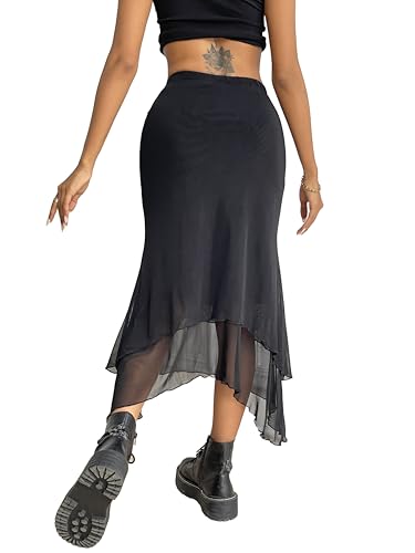 Avanova Women Mesh Asymmetrical Mermaid Midi Skirt High Waist Fishtail Long Skirt2