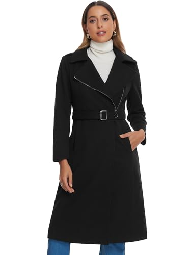 Allegra K Women's Winter Coats Zipper Front Notched Collar Belted Warm Blend Trench Coat