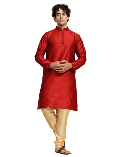 Image of SKAVIJ Men's Dupion Art Silk Ethnic Wear Kurta Pyjama (Red, X-Large)