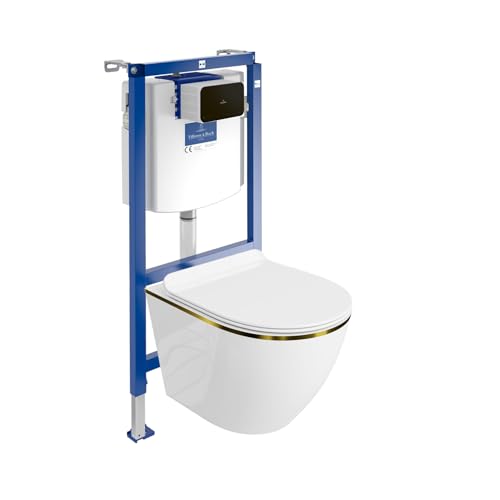 Lavita ViConnect H112 Vorwandelement Unterputz WC mit Bedienplatte + Wand Hänge Tiefspül WC Sofi Slim Gold Line Spülrandlos + WC Sitz Komplettset Unterputz Spülkasten Toilette Komplett Sett WC