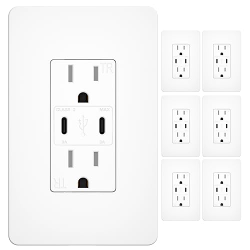 Amico Fast Charging USB Outlet 6 Pack USB-PD3.0 with Dual USB C (Max 30W & 21W) 15A Tamper Resistant Charging Station for Phone Tablet Smartwatch ETL Listed White