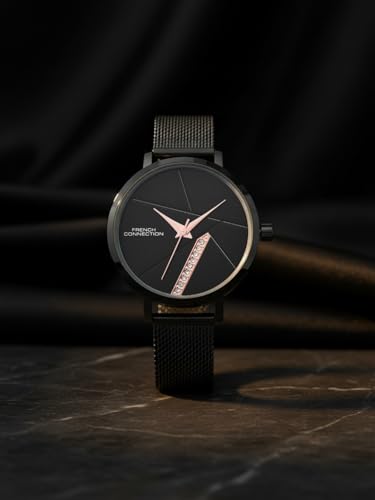 Image of French Connection Sunray Black Round Dial with Black Stainless Steel Mesh Strap Watch - for Womens FCN0137BM