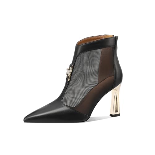 TinaCus Women's Pointed Toe Genuine Leather & Mesh Handmade High Heels Zip up Ankle Boots with Butterfly