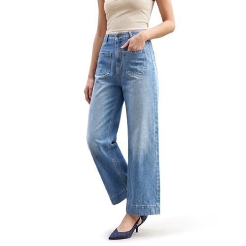 Image of Urbano Fashion Women's Mid Rise Wide-Leg Washed Jeans Non-Stretchable