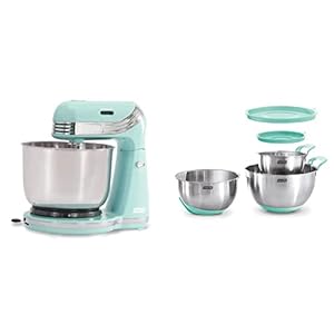 Dash Stand Mixer (Electric Mixer for Everyday Use) and DASH Stainless Steel Mixing Bowls with Lids – Aqua
