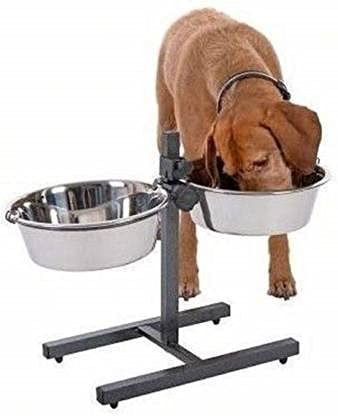 Heavy Adjustable Stand with 2 Removable Stainless Steel Bowls in Antique Silver / Black Matt Powder Coated Round Steel Pet Bowl (2400 ml Silver, Black)