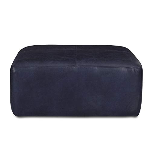 Image of POLY & BARK Sequoia Ottoman - 35 inch Square Pouf with Feather-Down Topper - Full-Grain Leather Upholstered Pouf Ottoman for Living Room - Italian Leather in Midnight Blue