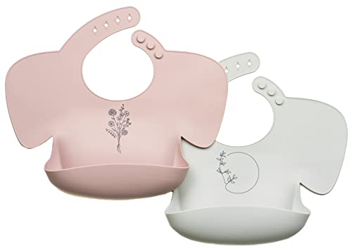 Image of blessed+beloved Silicone Bibs for Babies | Waterproof Baby Silicone Bibs with Food Catcher Pouch and Shoulder Cover | Set of 2 Silicone Baby Bibs | Boho Minimalist Silicone Bib|Baberos para Bebe Niña