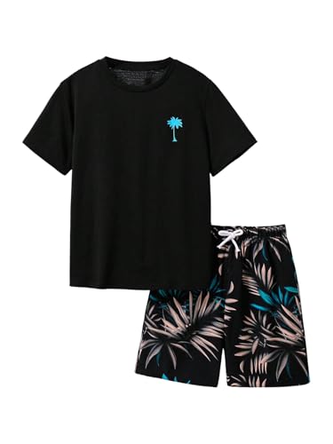 Image of RoseSeek Boy's 2 Piece Outfits Letter and Tropical Graphic Tees and Shorts
