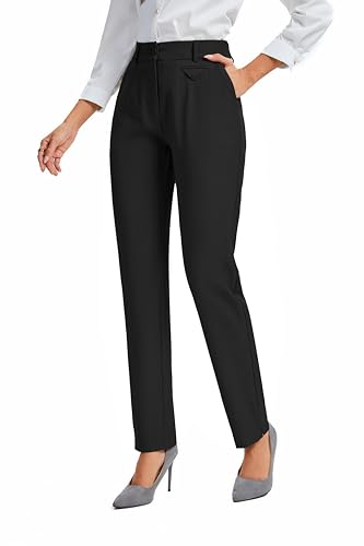 FUNYYZO Women's Stretch Business Work Pants with Pockets Wear to Work Casual Suitpants Long Straight Trousers