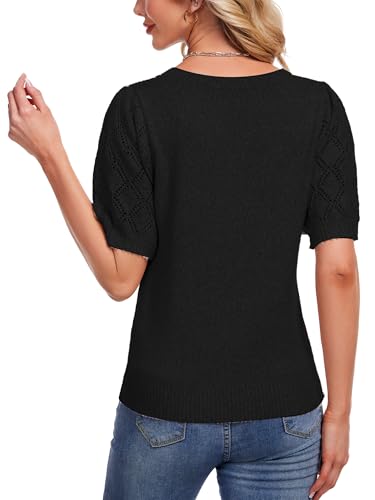 Image of Women's Short Sleeve Tops Soft Puff Sleeve Knit Top Summer Sweaters Dressy Casual