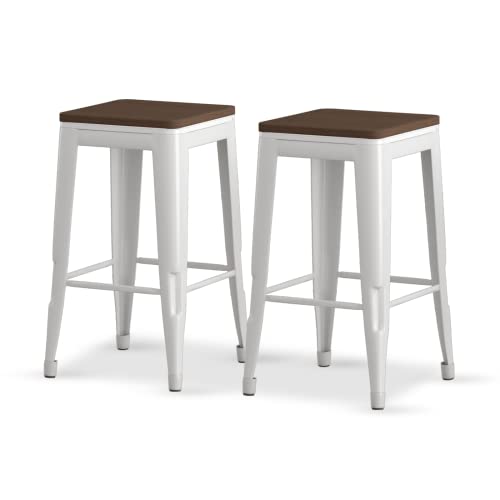 Mjkone 26.4'' Square Metal Bar Stool,Indoor Outdoor Stackable Barstools,Modern Industrial Top Bar Stools Set Of 2(White) #TOP19
