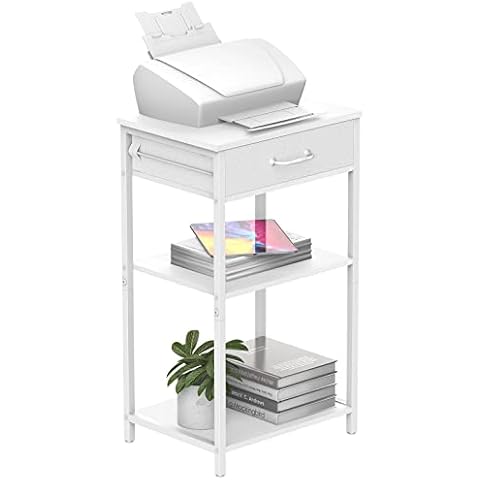 NORCEESAN Printer Stand White Printer Rack with Storage Printer Table 3 Tier Printer Shelf Wood Book Organizer Holder for Desk Side Home with Fabric Drawer Cover