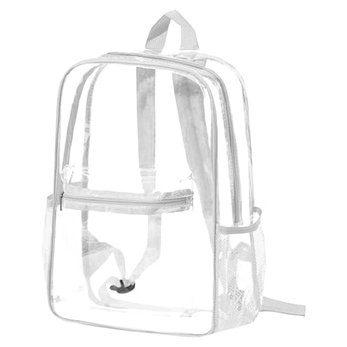 Heavy Duty Clear Backpack, PVC Transparent Backpack with Reinforced Padded Straps Stitches, Clear Bag with Side Pockets (White)