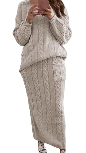 utcoco Womens Sweater Sets Winter Chunky Cable Knit 2 Piece Outfits Sweater Skirt Set (X-Large, Apricot)