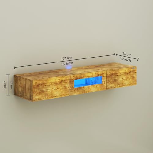 Image of Anikaa Lucen Wall Mount Modern Floating TV Unit for Living Room | 3 Closed Storage cabinets with hinged Door - Blue Color LED Light | Ideal for UP to 65 Inch TV (Gaintwood Finish - DIY Installation)