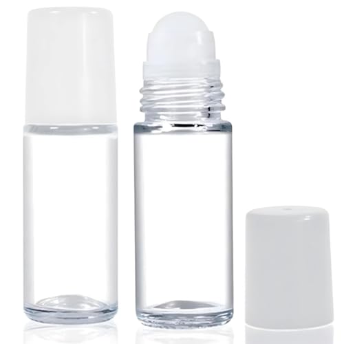 Glasflaschen mit Roll-on für ätherische Öle 50 ml 2 Stück Nachfüllbar Auslaufsicher Kleine Klarglasflaschen mit Rollkugel Parfüm Deodorant Kosmetik Massage Hausgebrauch mit Etiketten Wiederverwendbar